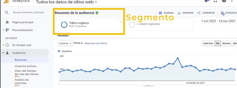 Captura de Google Analytics segmentando a los usuarios