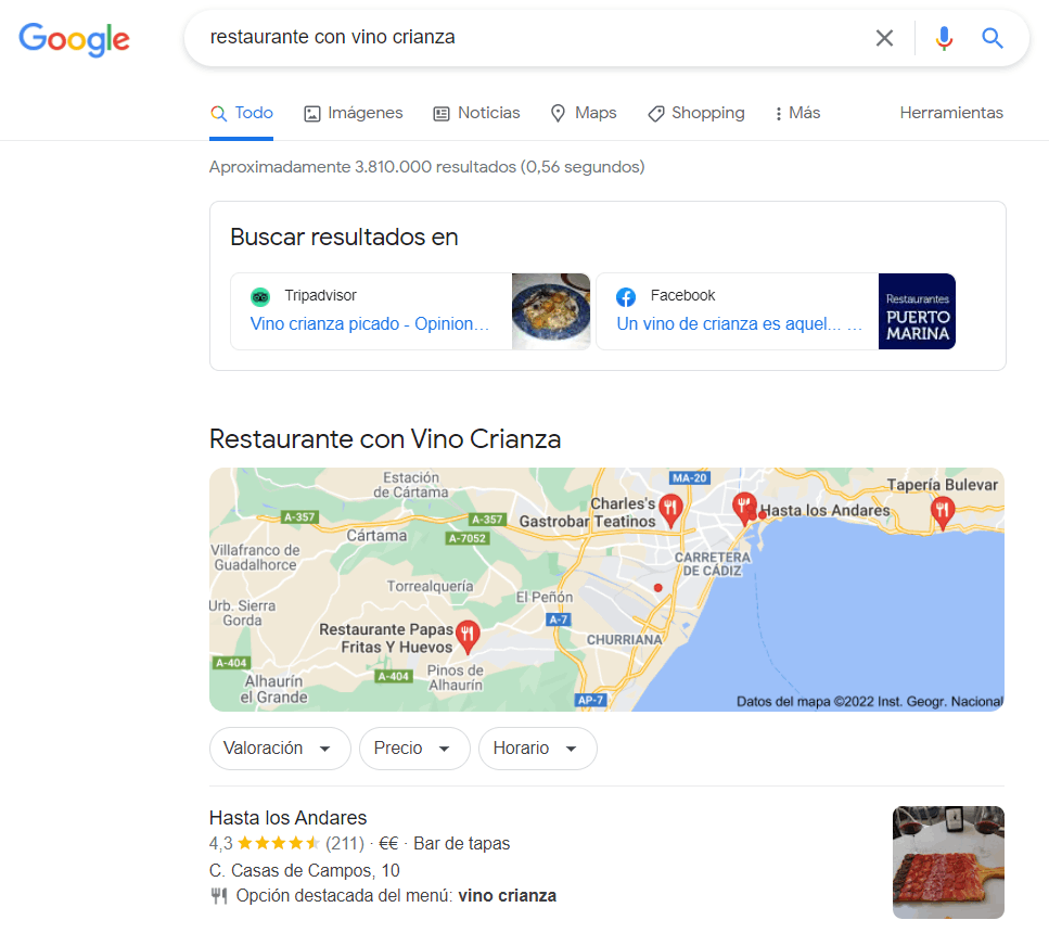 serps de google para restaurante con vino crianza