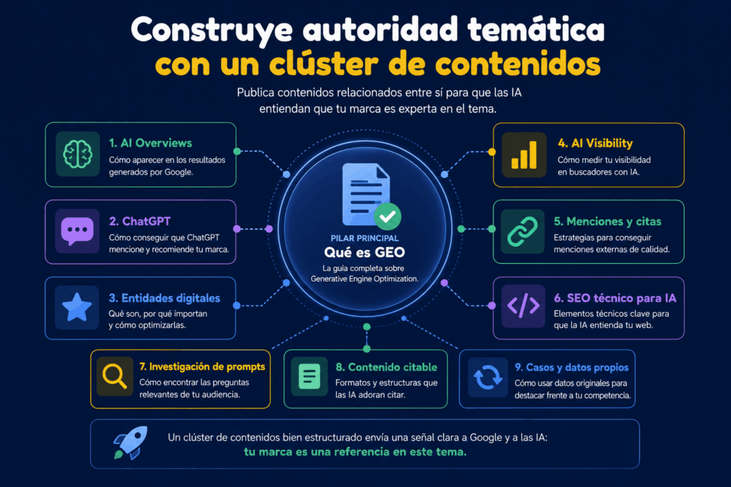 Ejemplo de clúster de contenidos sobre SEO, GEO e inteligencia artificial.